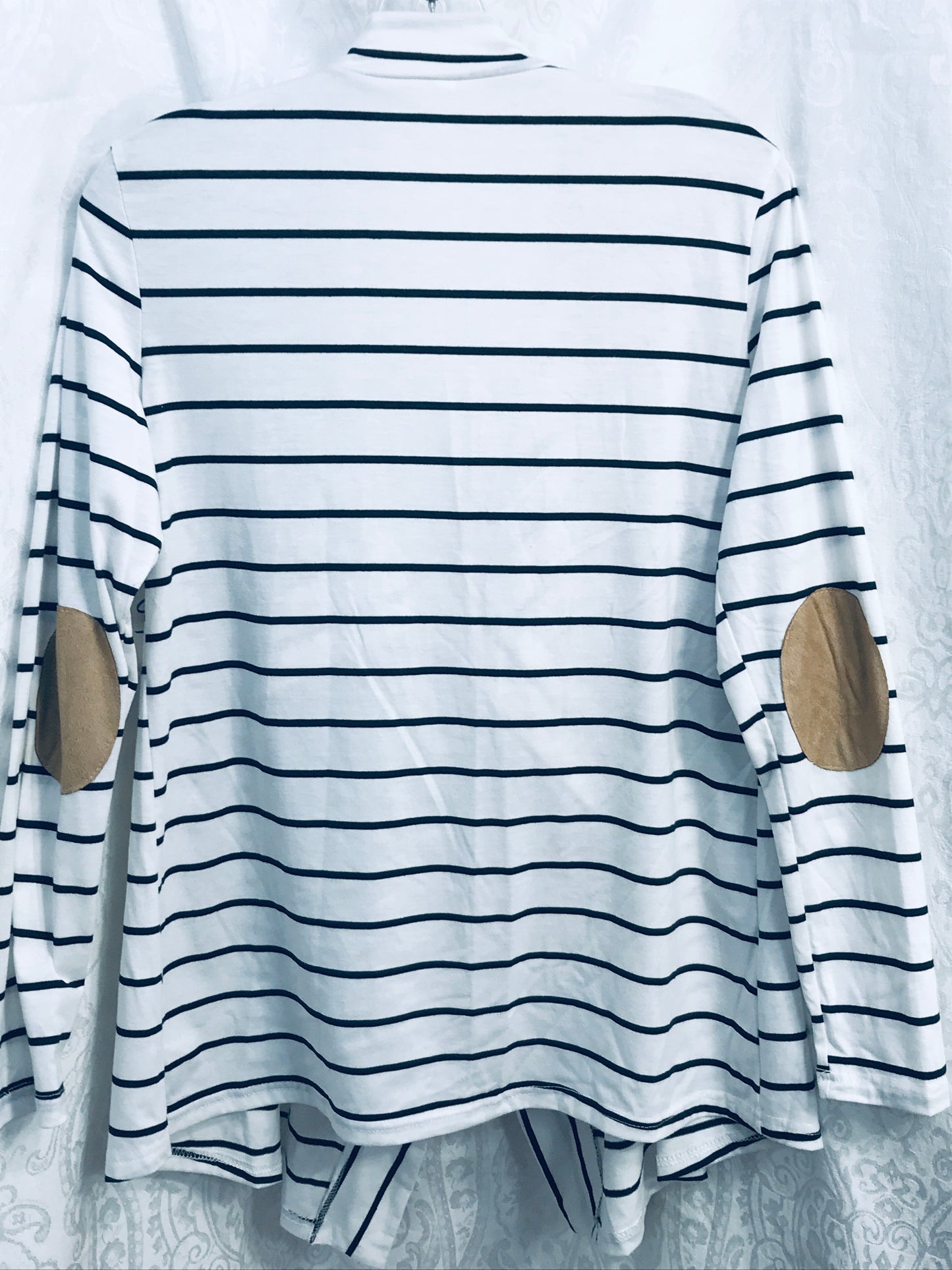 White & Black Striped Cardigan Sweater w/ Khaki Elbow Patches Ladies S