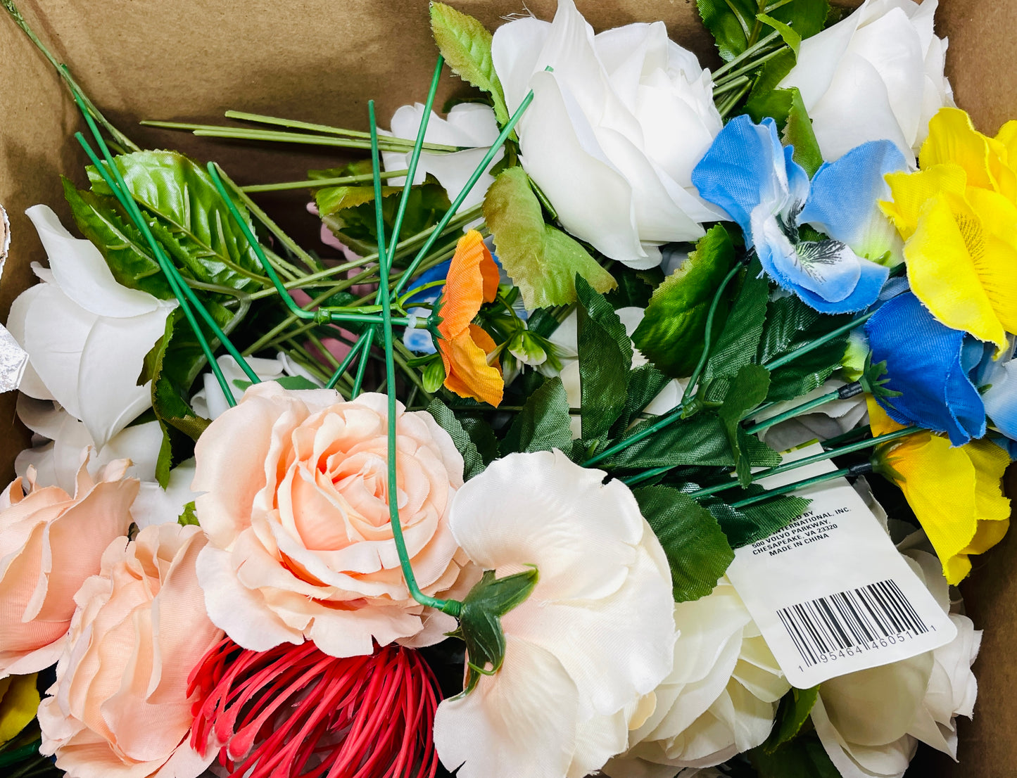 BOX LOT of 85 Faux Artificial long Stem Flowers Pink & White Roses + Blue Irisis