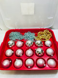 SIlver Ornaments and Strands of Garland w/ Sterilite Ornament Tote 18 pcs