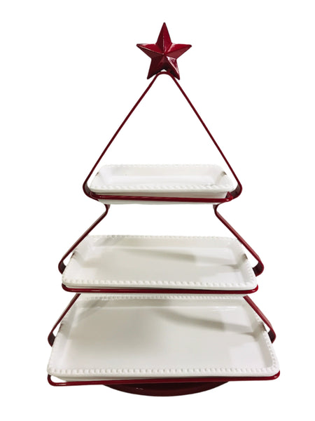 Godinger Red 3 Tier Metal Christmas Tree w/ 3 Ceramic Serving Trays 18" x 7" x 13"