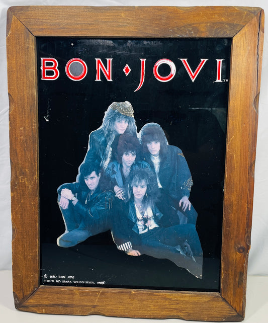 Vintage 1987 Bon Jovi Glass Wood Framed Picture 19”x15” Photo By Mark Weiss 1986