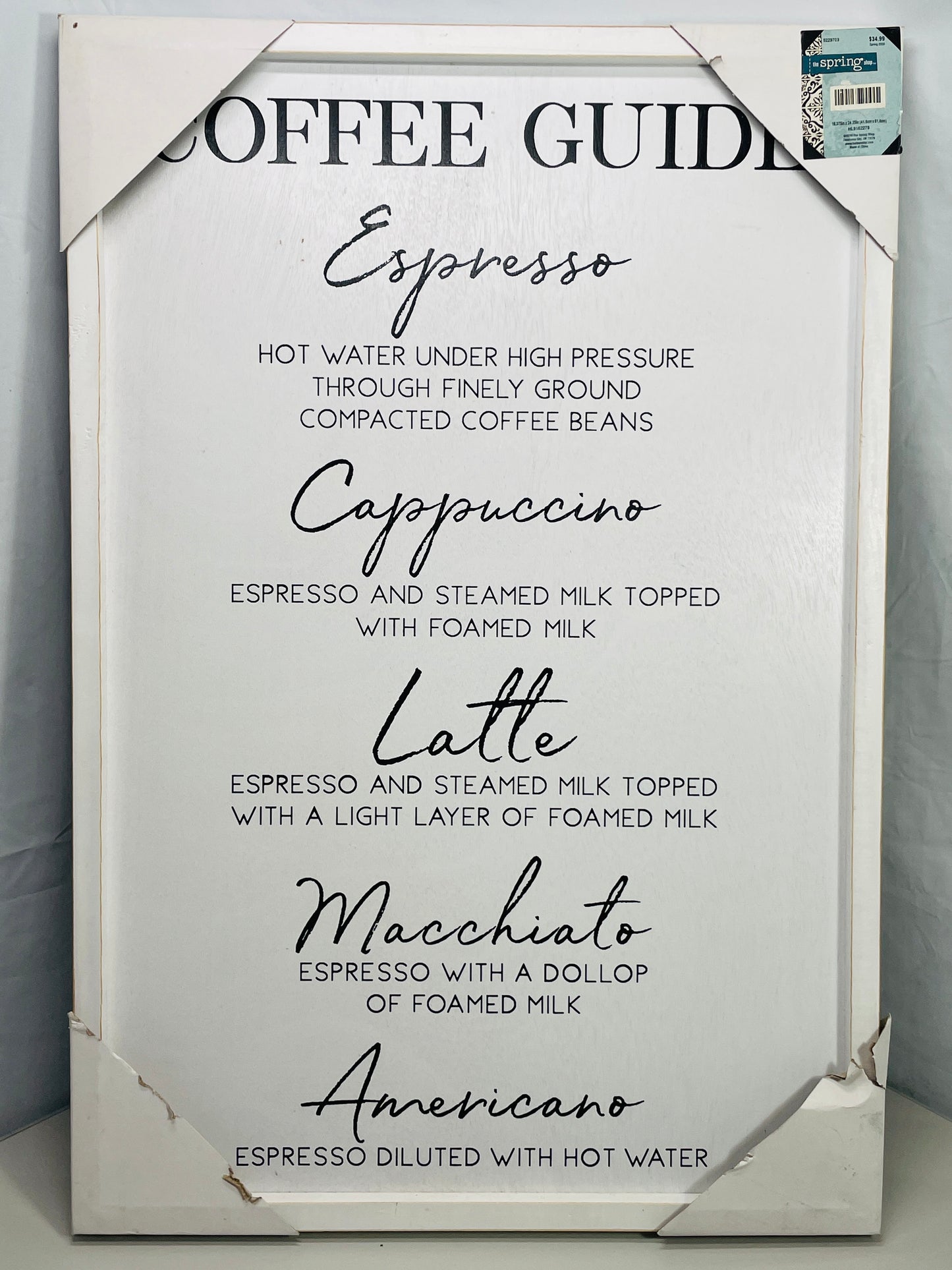 NEW! Wall Art Wooden COFFEE GUIDE Espresso Cappuccino White Wash Wood 16" x 24"