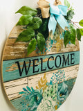 Round Hanging Welcome Sign Teal Flowers 18"