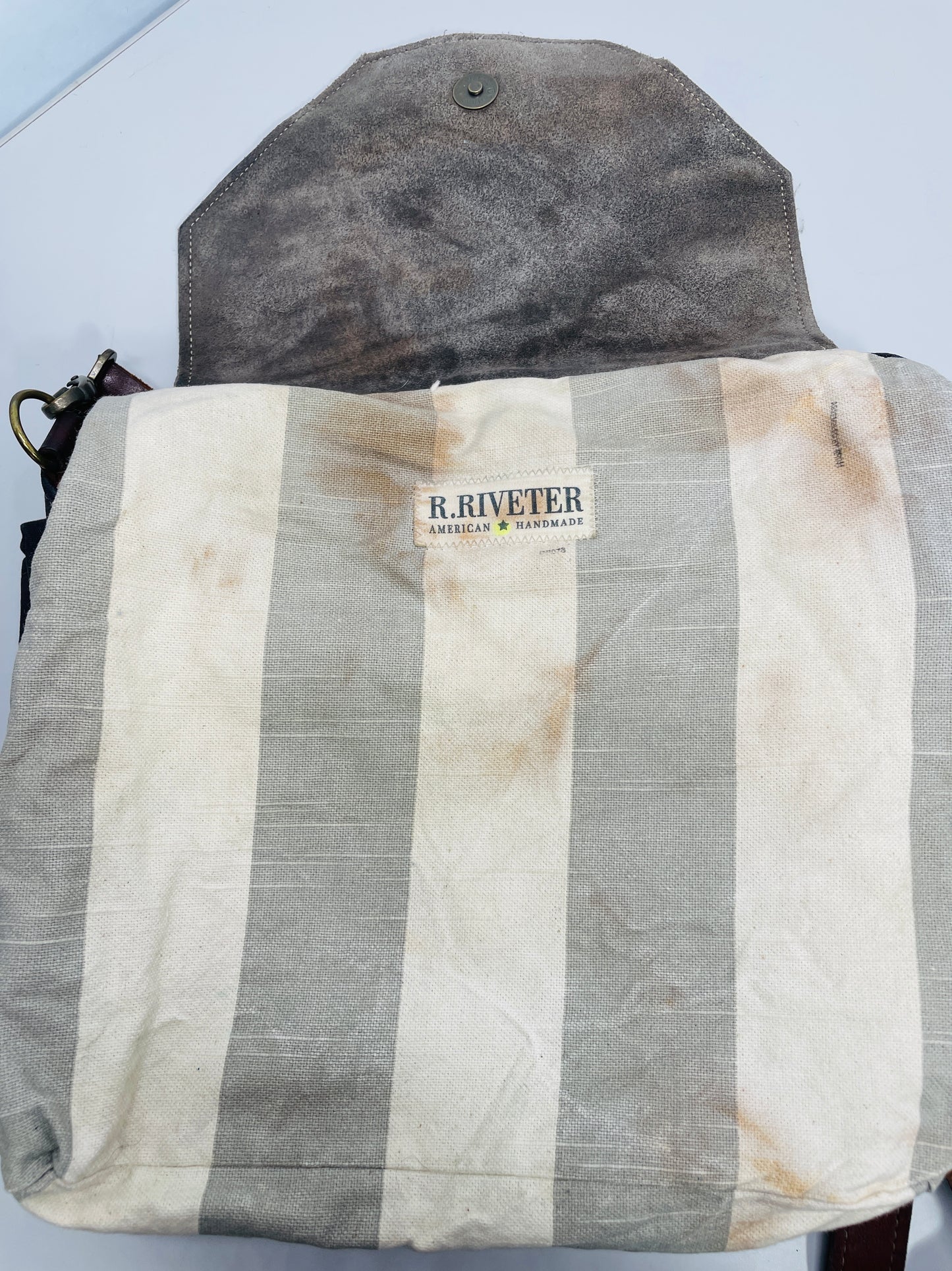 R.Riveter Original Canvas Handbag Purse Black with Leather Flap Distressed Extreme Wear Messenger Bag