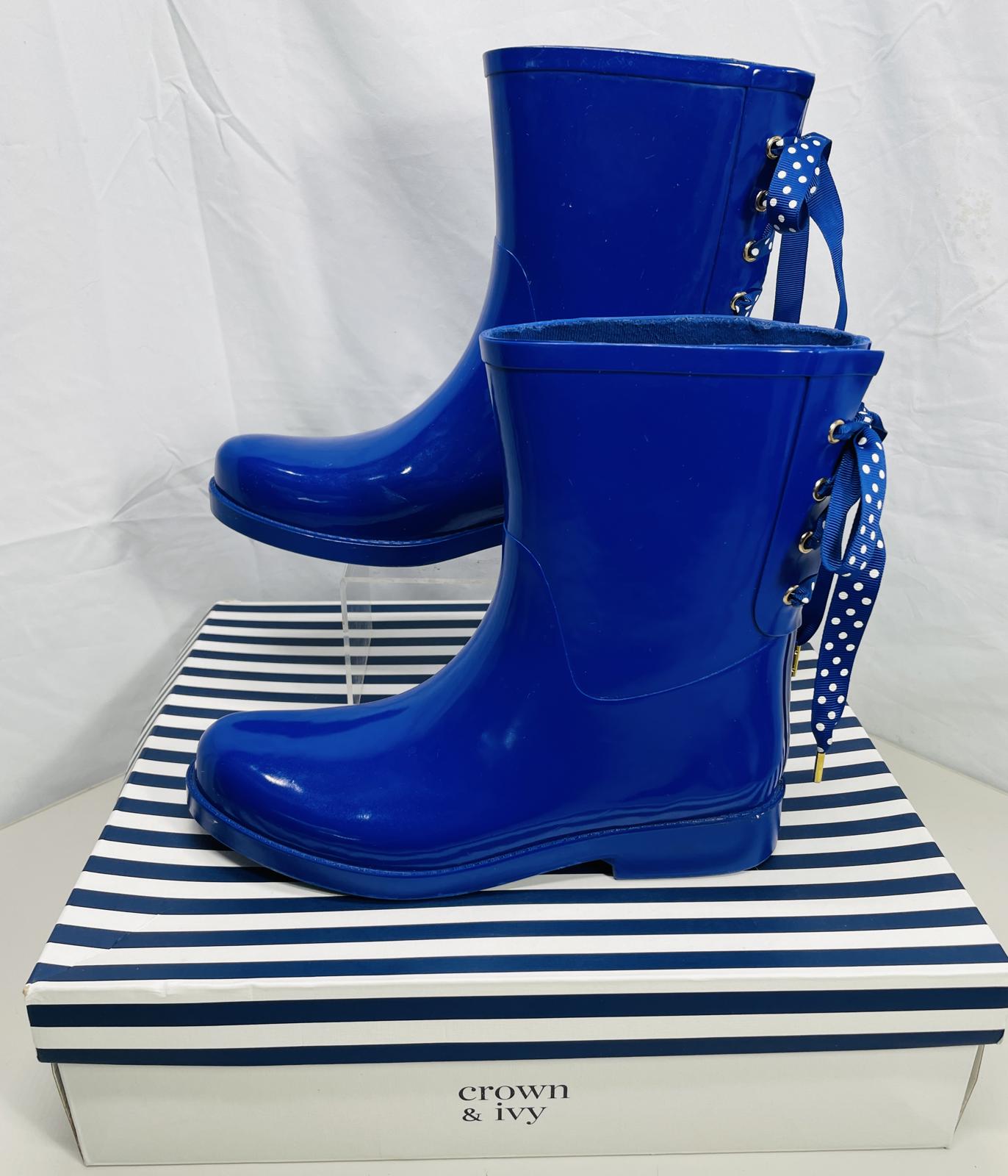 Crown & Ivy Gloss Blue Rubber Rain Boots with Polka Dot Ties LT WEAR Womens 8M