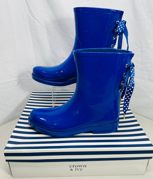 Crown & Ivy Gloss Blue Rubber Rain Boots with Polka Dot Ties LT WEAR Womens 8M