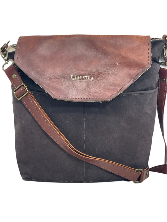 R.Riveter Original Canvas Handbag Purse Black with Leather Flap Distressed Extreme Wear Messenger Bag