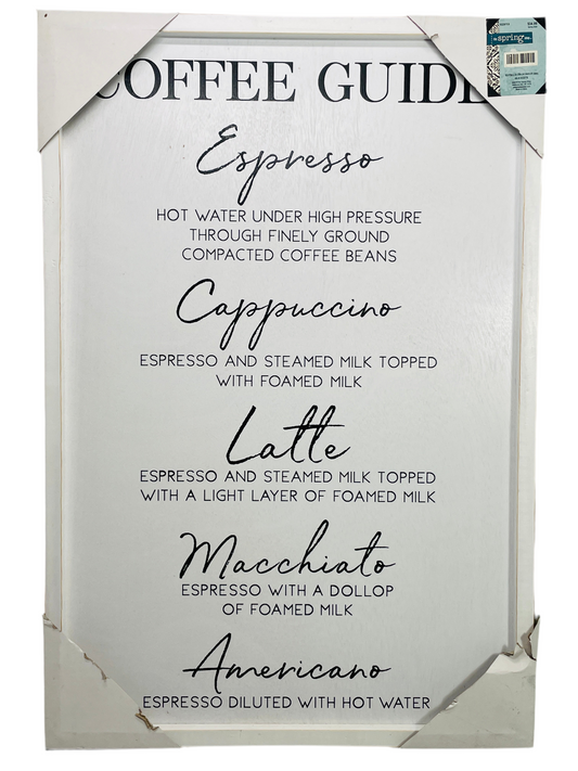 NEW! Wall Art Wooden COFFEE GUIDE Espresso Cappuccino White Wash Wood 16" x 24"