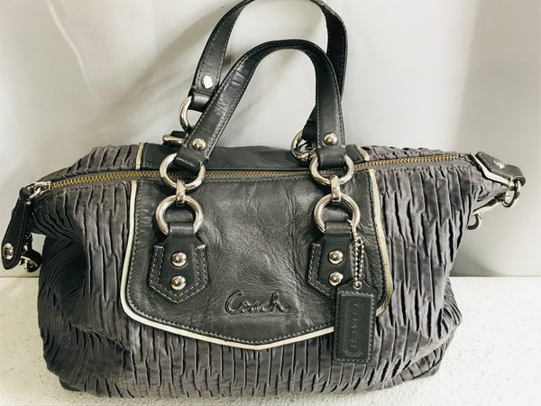 Coach F20084 Ashley Gathered Satin Satchel Silver/Gray Purse * SIGNIFICANT STAINING ON LINING - HANDLES HAVE WEAR *