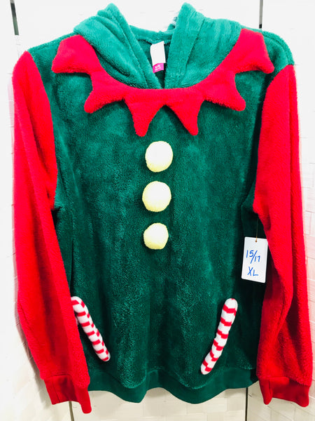 No Bounderies Green Red Christmas Elf Hooded Pullover Shirt Juniors 15/17