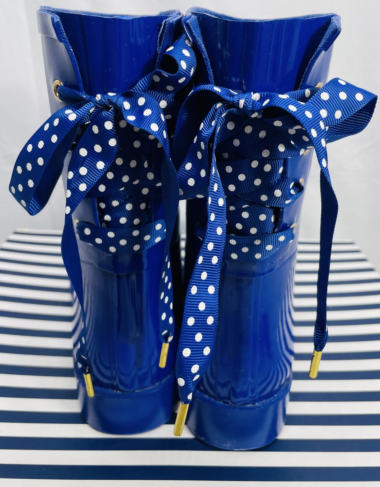 Crown & Ivy Gloss Blue Rubber Rain Boots with Polka Dot Ties LT WEAR Womens 8M