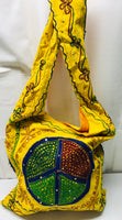 Handmade SUPER COOL Bohemian Hobo Sling Purse Yellow with Stitched Colorful Peace Sign & Sequins