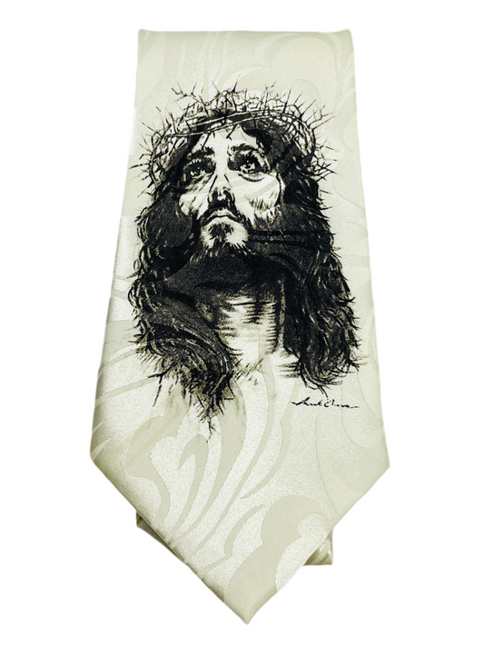 VINTAGE Gospitality Christian Neckwear Necktie White with Sketch Image of Jesus