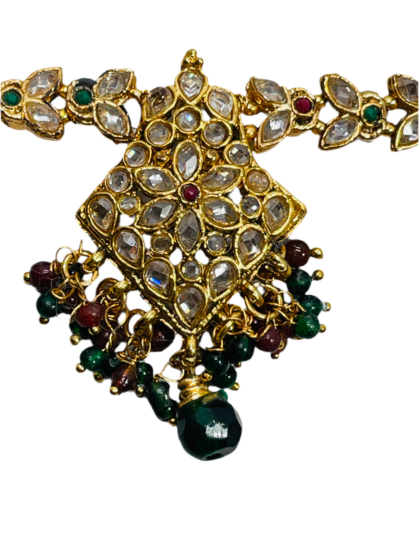 Indian Bollywood Jewelry Upper Arm Bracelet Gold Tone Center Diamond with Green/Purple Danglies 10"
