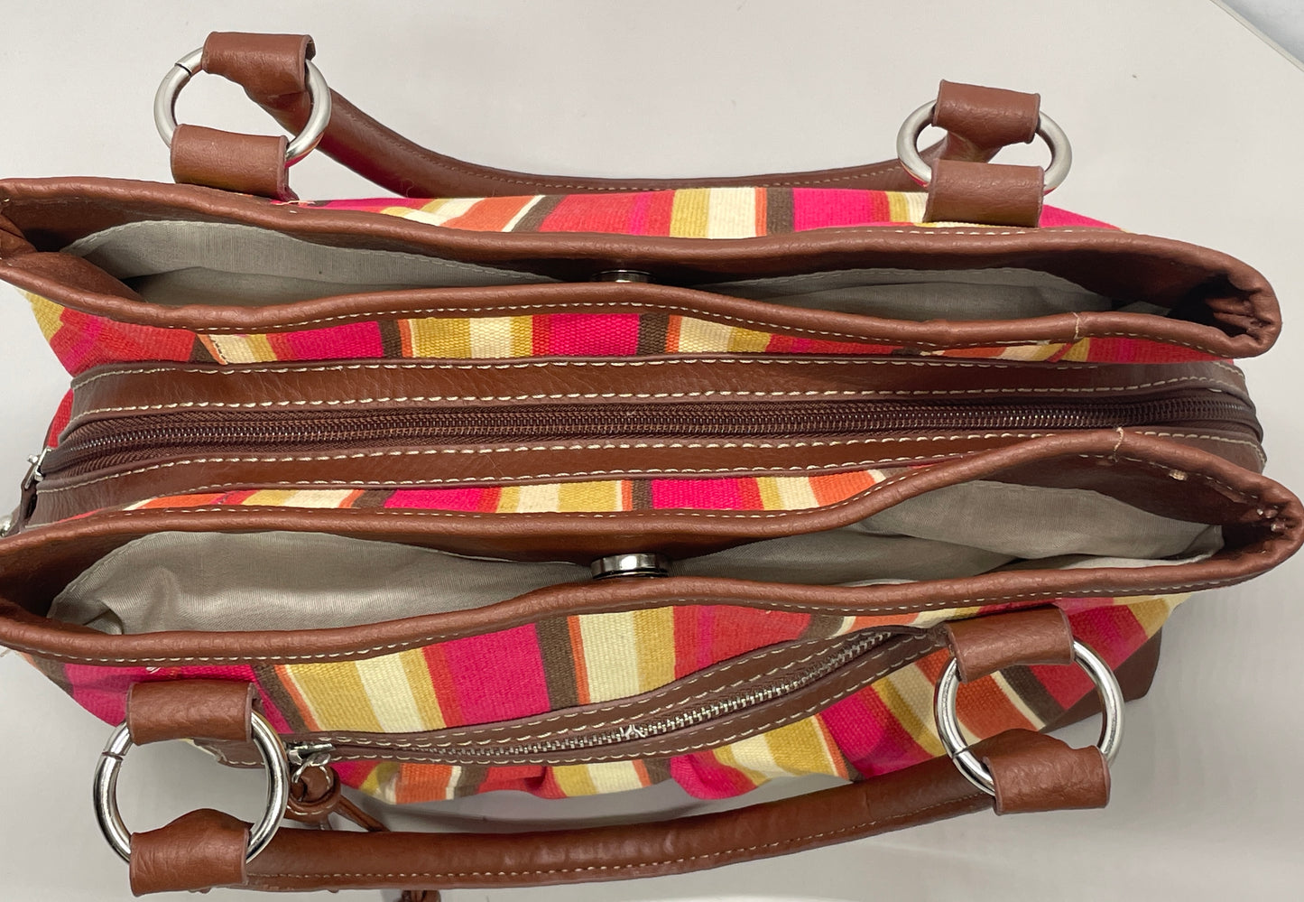 Merona Purse Multi Color Pink Gold Tan Shoulder Straps 3 Large Pockets