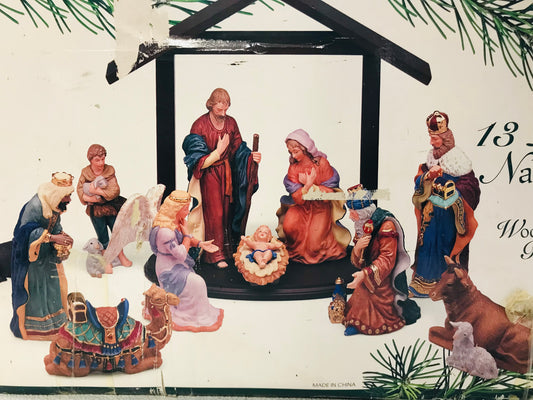 VINTAGE COMPLETE Kirklands Signature 13 PC Nativity Set BROKEN HAND/STAFF * SEE PICS *