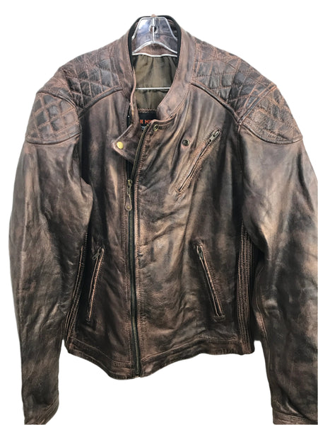 High Mileage Vintage Metallic Brown Biker Leather Jacket With Diamond Stitched Shoulders MENS XL