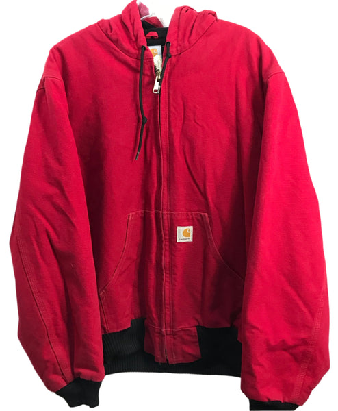 VINTAGE Carhartt Full Zip Workwear Coat Red Canvas Hooded Fleece Lined LT WEAR Mens M