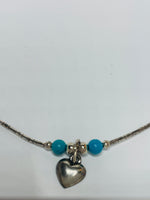 Sterling Siler 925 Anklet with Blue Beads/Silver Heart Dangly 3" Dia