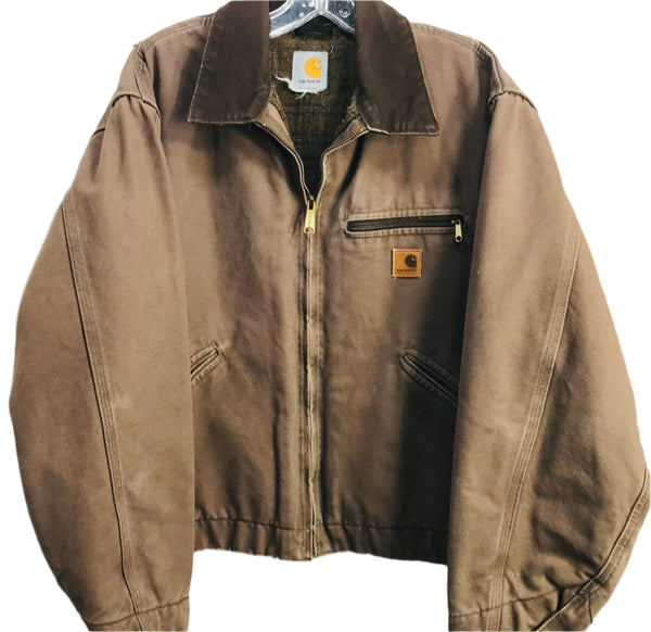 VINTAGE Carhartt Full Zip Workwear Coat Brown Duck Canvas Plaid Lined LT WEAR Mens L