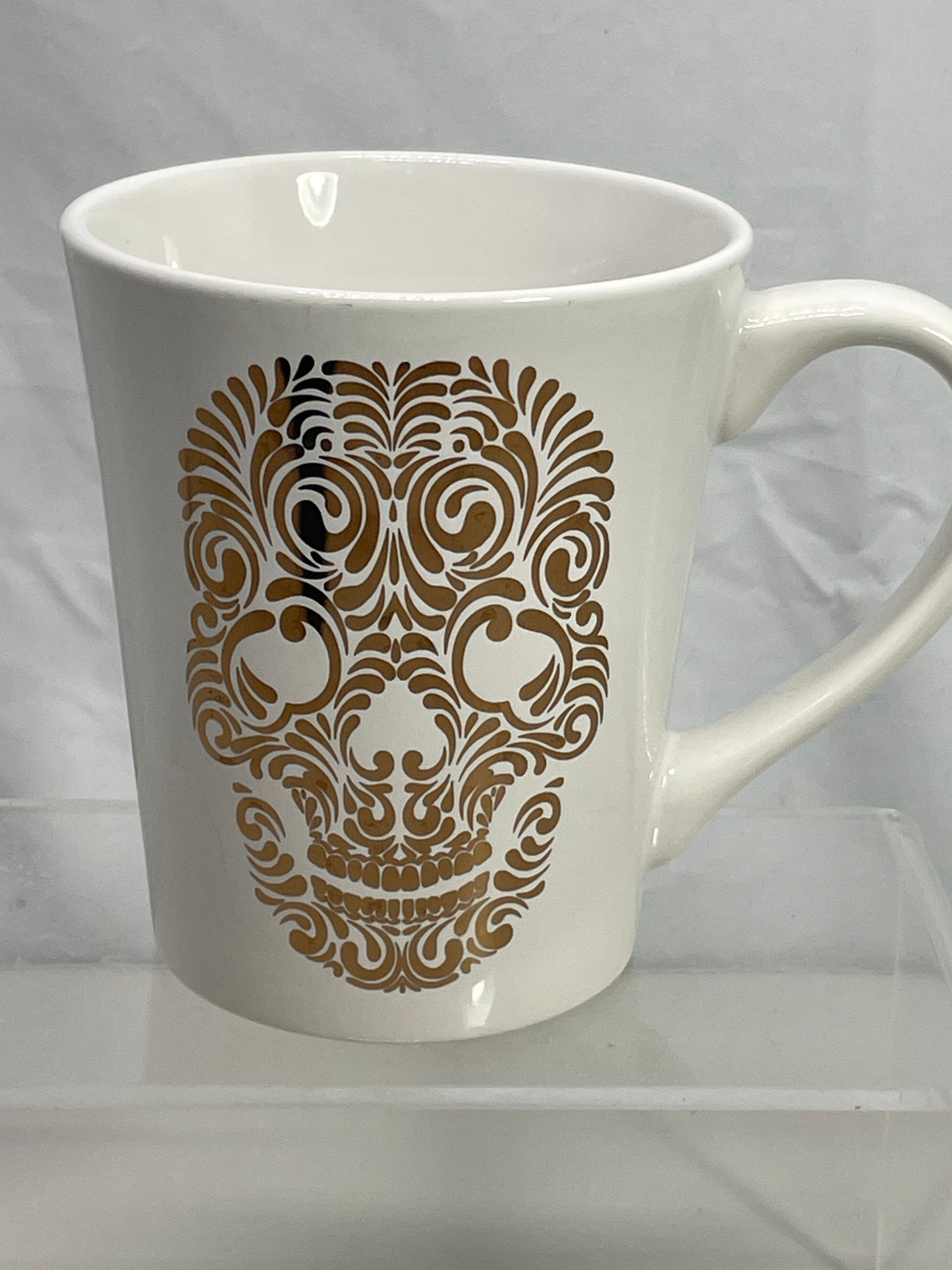 Halloween Mug Signature White Ceramic with Gold Sugar Skull Face 14oz