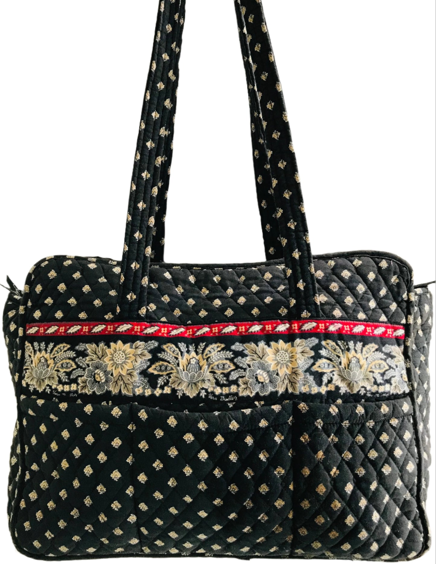 Vera Bradley Quilted Tote Bag Black with Blue and Gold Flowers 16" LT STAINING
