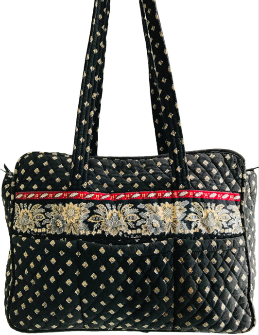 Vera Bradley Quilted Tote Bag Black with Blue and Gold Flowers 16" LT STAINING