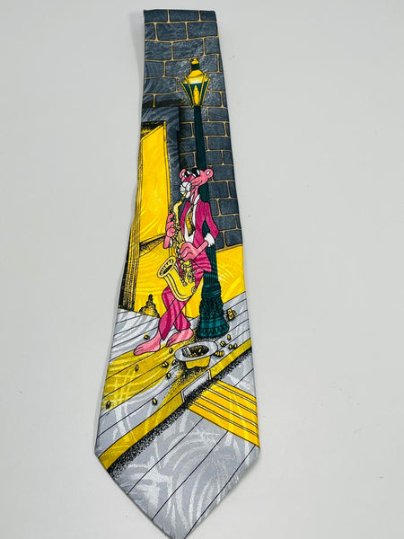 Vintage Rene Chagal Mens Neck Tie The Pink Panther Play Saxaphone