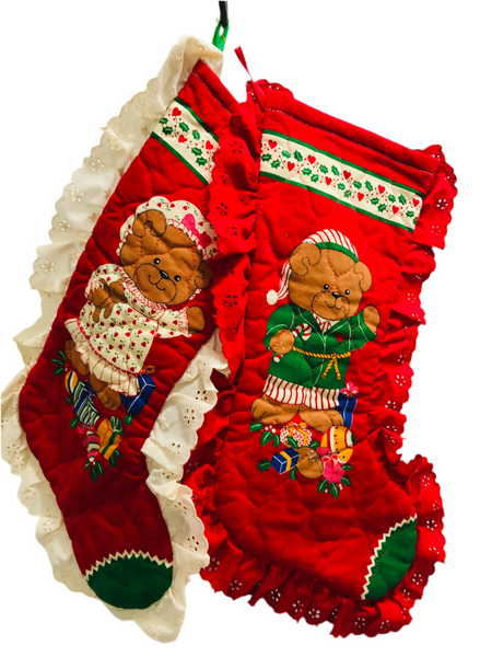 Vintage Handmade Christmas Stocking SET Red Quilted With Mr & Mrs Teddy Bears Lace Trim