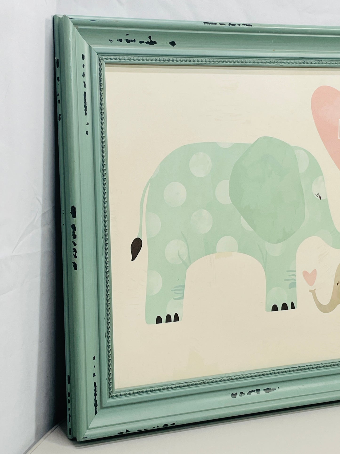 Wall Art Hobby Teal Lobby Wooden Frame with Painted Elephants Mama/Baby 16" x 13"