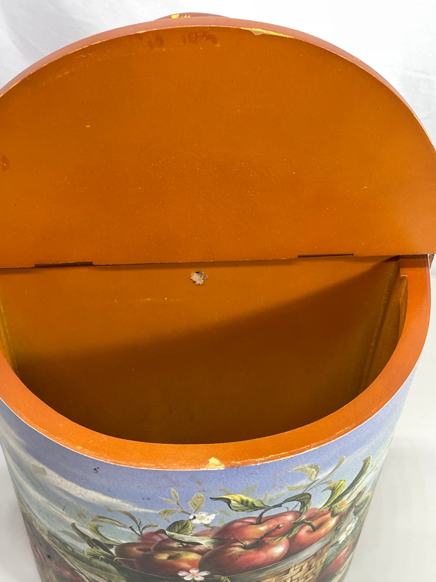 Vintage Grocery Bag Holder Wooden Rustic Style Americana Apple Image with Hinge Lid