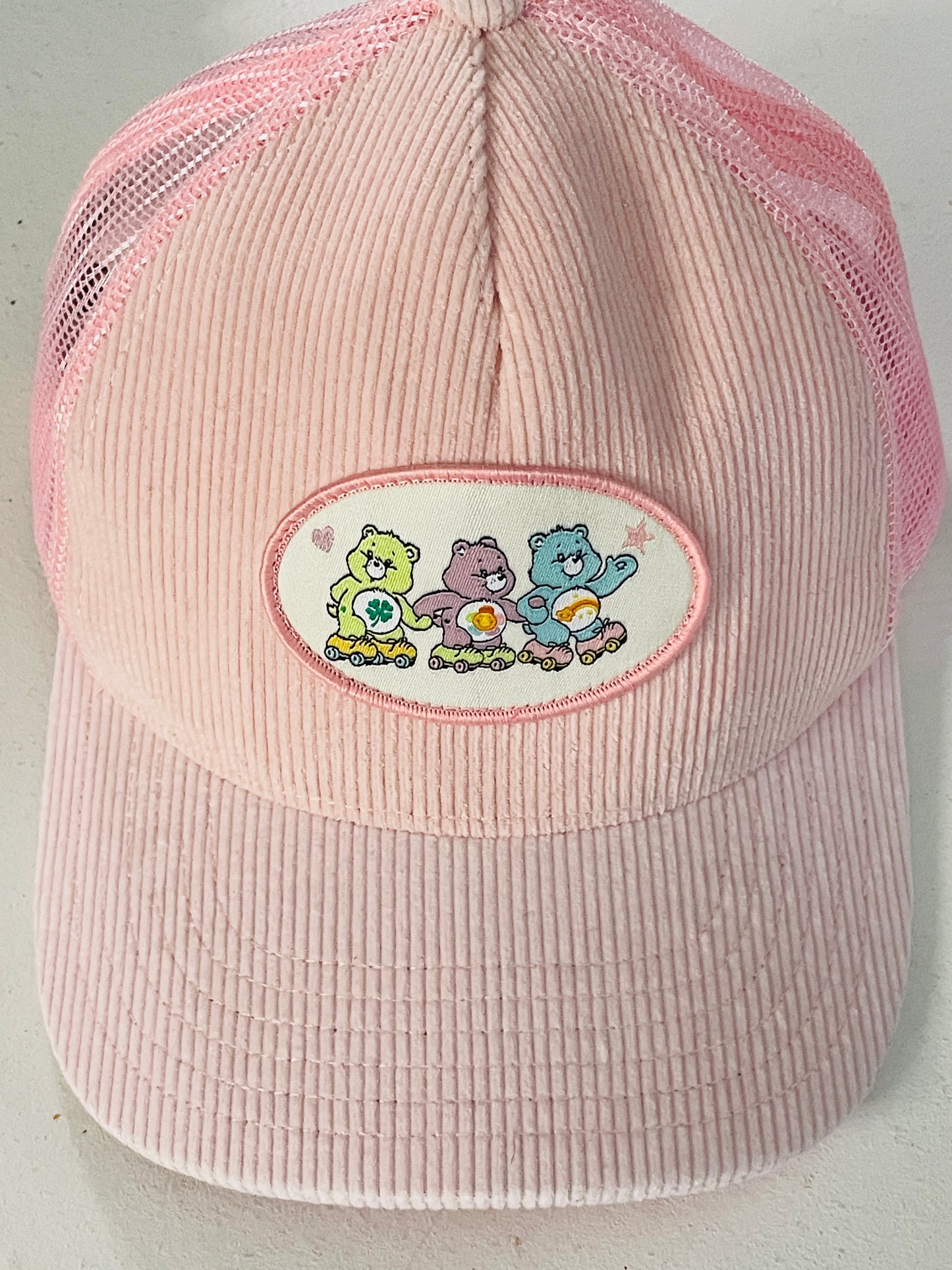 American Eagle Carebears Trucker Hat Ball Cap Pink Corduroy Snap Back One Size Lt Wear