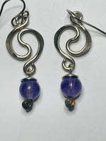 Sterling Silver 925 EARRINGS Dangly Squggles with Purple Bead