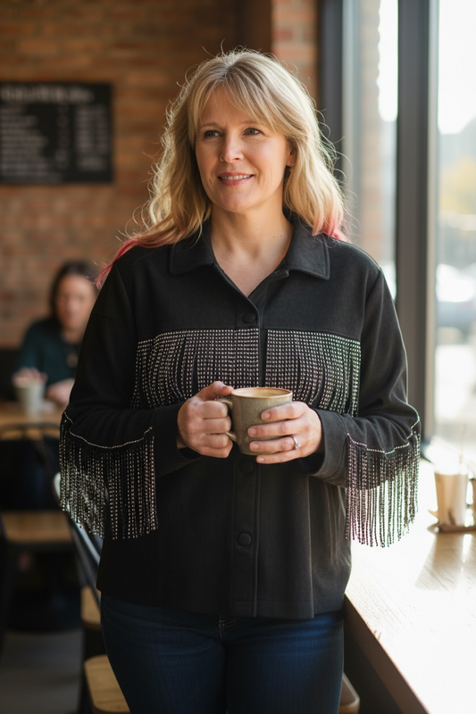 Sweet Rain Fashion Shacket Black Fleece with Studded Fringe Ladies M