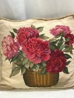 Loie 199_ (2 PC) Vintage Pillow Set Red Flowers Embroidered Case Velvety Green Back 14" FRESHLY LAUNDERED