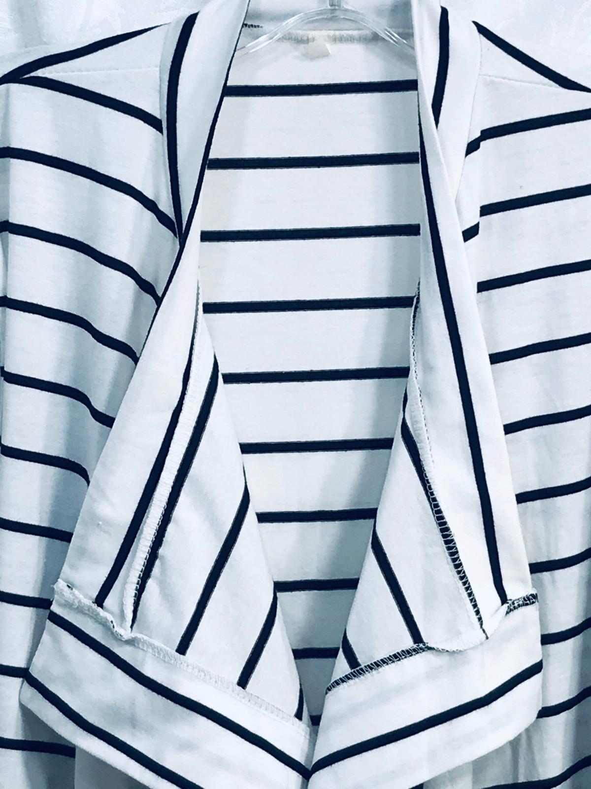 White & Black Striped Cardigan Sweater w/ Khaki Elbow Patches Ladies S