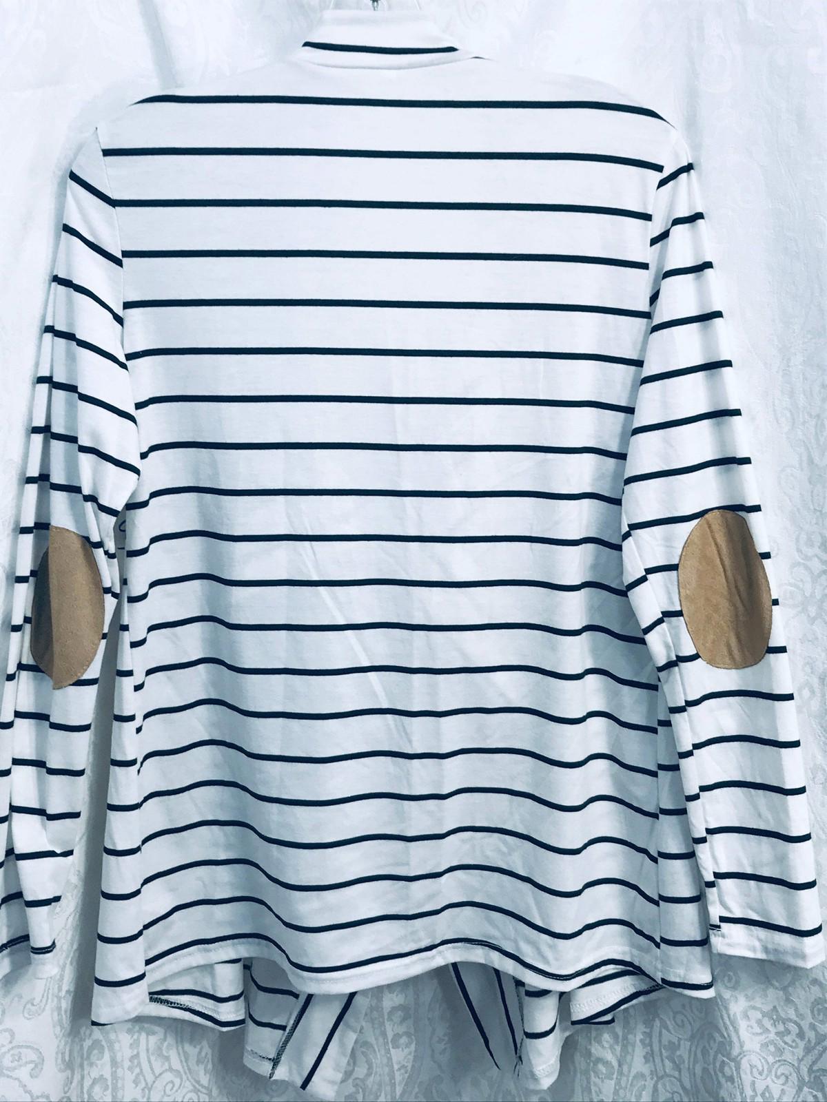 White & Black Striped Cardigan Sweater w/ Khaki Elbow Patches Ladies S