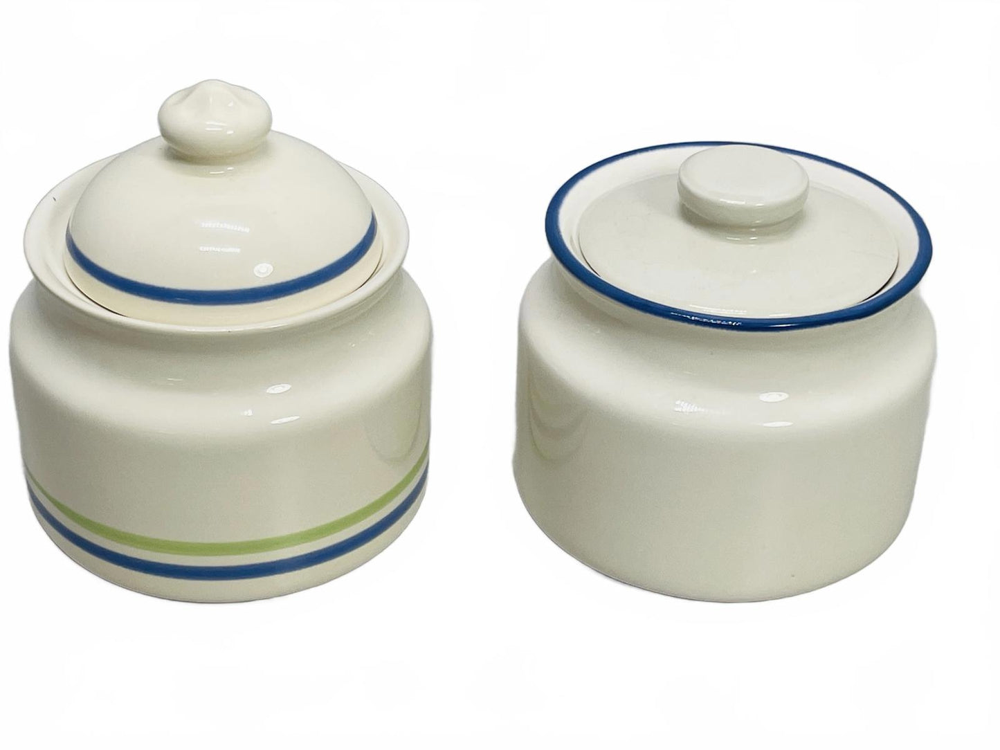 VINTAGE 2 PC Cream/Sugar Bowls Ceramic Beige with Blue Stripes 3" x 4"