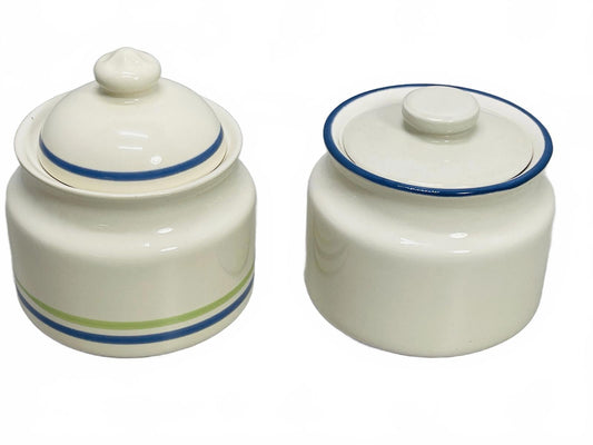 VINTAGE 2 PC Cream/Sugar Bowls Ceramic Beige with Blue Stripes 3" x 4"