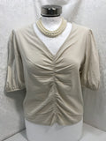 NWT! MNG Center Ruched Cream V-Neck Tee W/ Elastic 1/4 Sleeve Ladies M