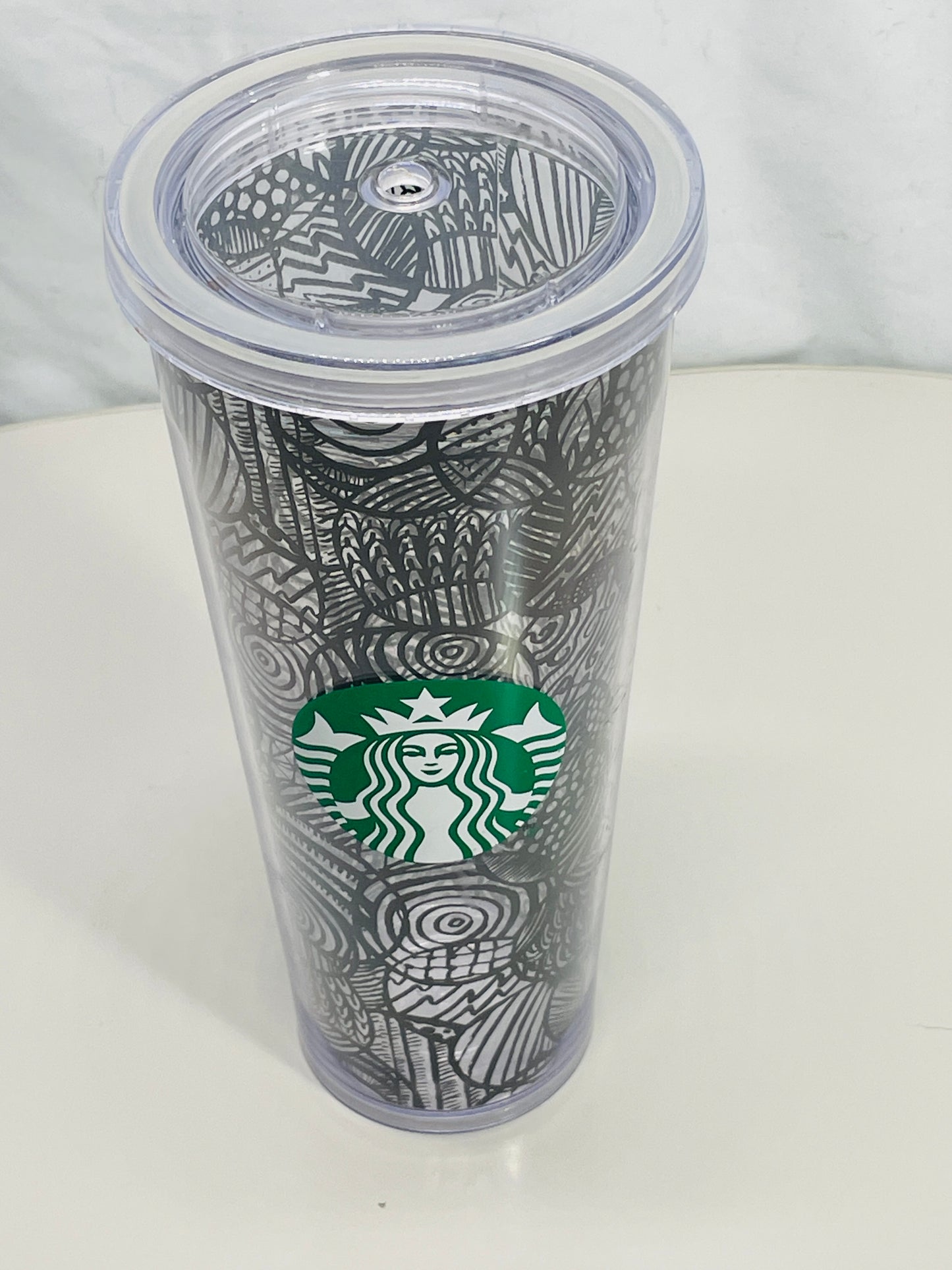 Starbucks 2014 Cold Tumbler Clear Acrylic with Black Circles 24 oz Lt scratching No Straw