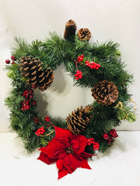 Christmas Wreath w/ Berries & Pinecones 18"