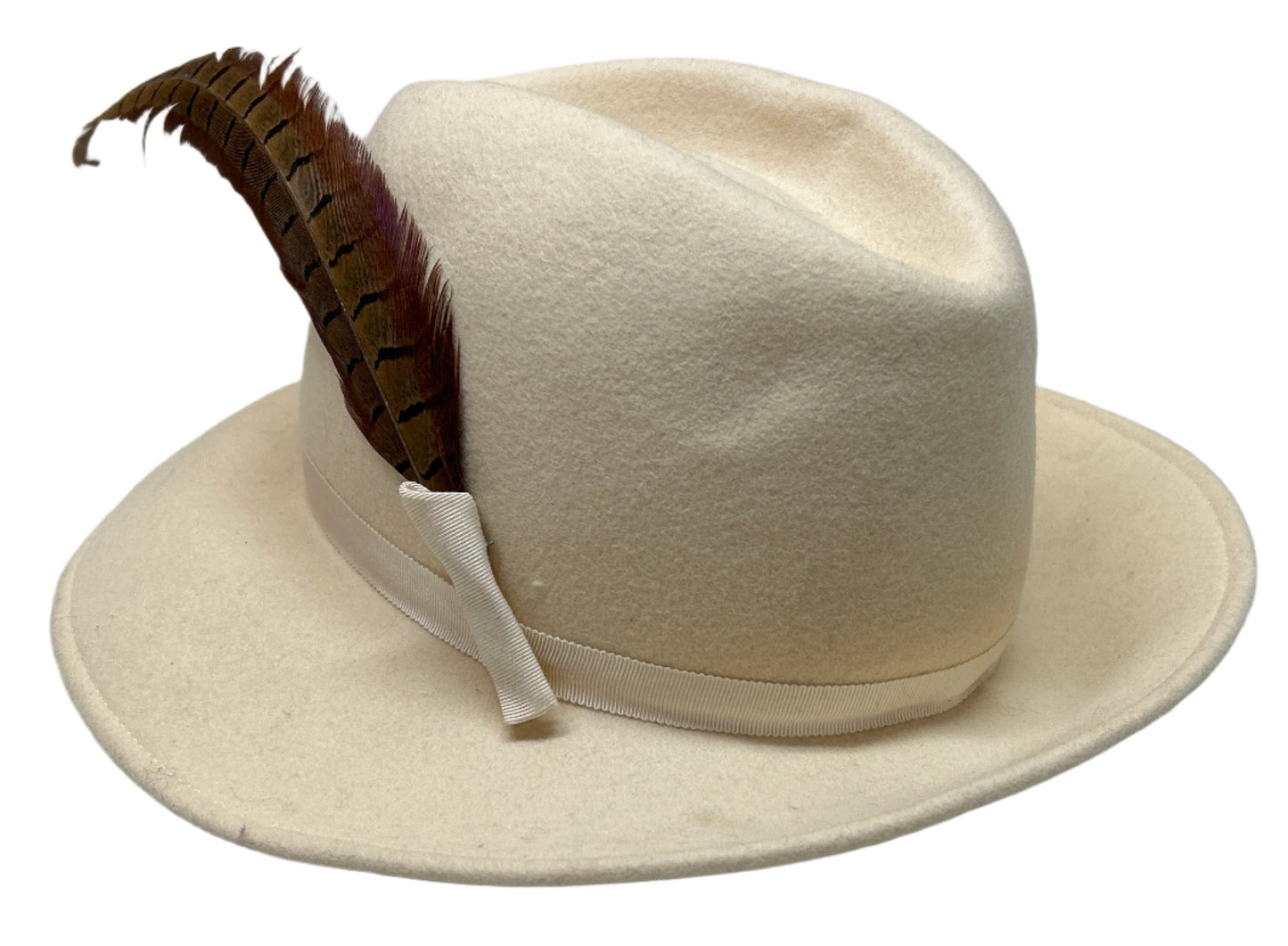 Vintage Juli Kay Chicago Doeskin Felt Brimmed Hat Ivory with Side Feather Ladies