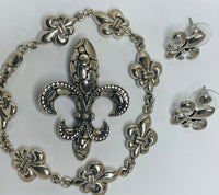 Sterling Silver 925 Fleur de Lis Set: Earrings, Bracelet, Pendant