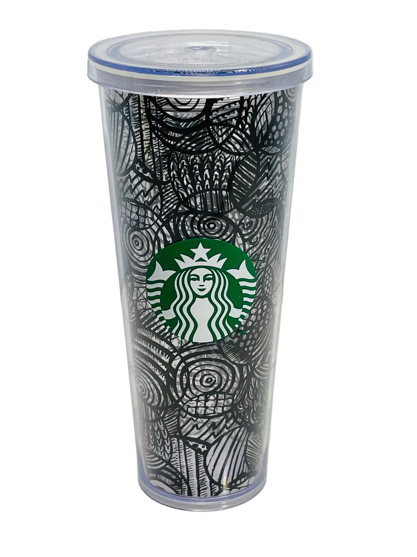 Starbucks 2014 Cold Tumbler Clear Acrylic with Black Circles 24 oz Lt scratching No Straw