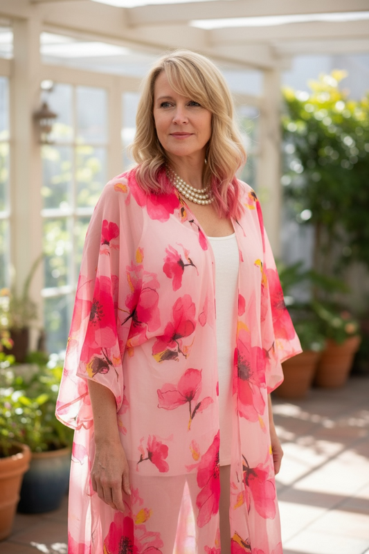 Sheer Bright Pink FLowers Open Front Flowy Shawl/Cardigan/Cover Up Ladies ONE SIZE