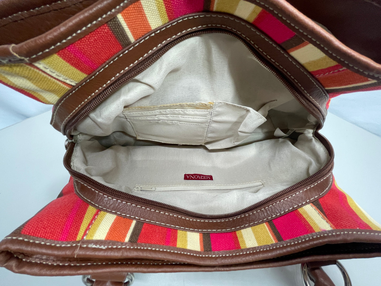 Merona Purse Multi Color Pink Gold Tan Shoulder Straps 3 Large Pockets