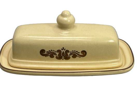 Vintage Pfaltzgraff Village Butter Dish Stoneware 6-28 Yellow with Brown Accents