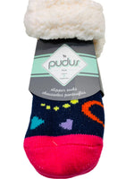 NEW! Pudus Slipper Socks Navy Blue with Hearts Kids Large