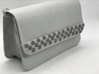 NEW! Sasha Cluch Bag Small Silver Satin with Beaded Front Accents 7" x 5"